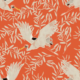 Oriental Cranes and Bamboo Foliage on Red